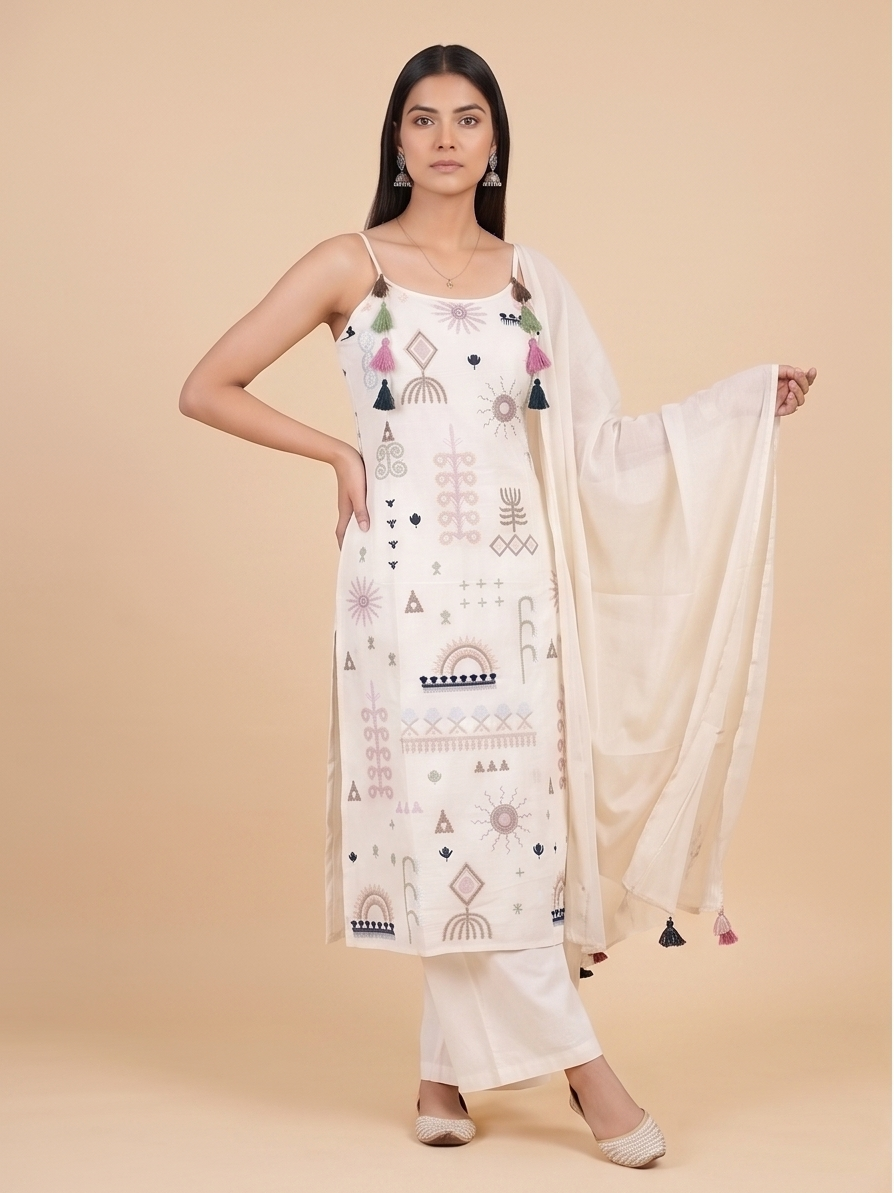 Women's Off-White Printed Straight Kurta Pant Set with Tassel Dupatta | Contemporary Ethnic Co-ord Set