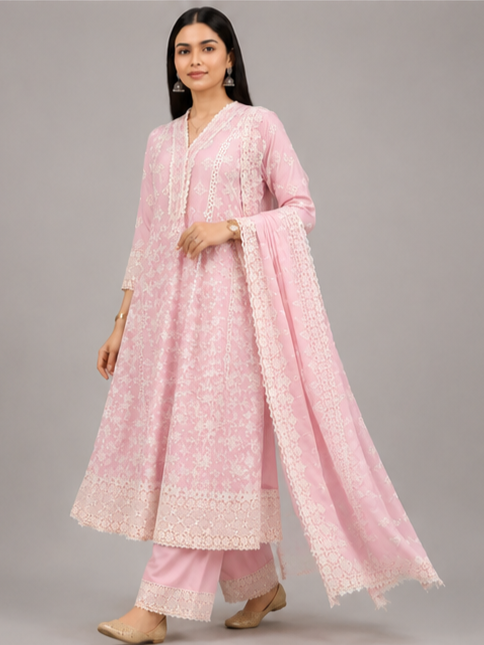 Blush Pink Threadwork Anarkali Suit Set with Dupatta | Embroidered Mul Cotton Ethnic Wear