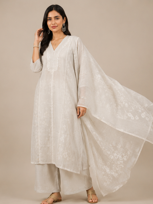 The Classic Ivory V-Neck Kurta and Palazzo Set