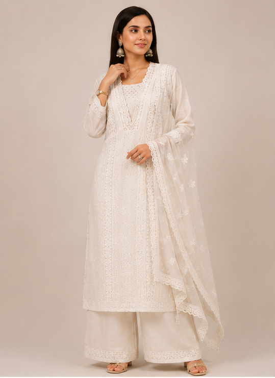 Ivory Floral Embroidered Cotton Kurta Set with Lace Dupatta & Palazzo