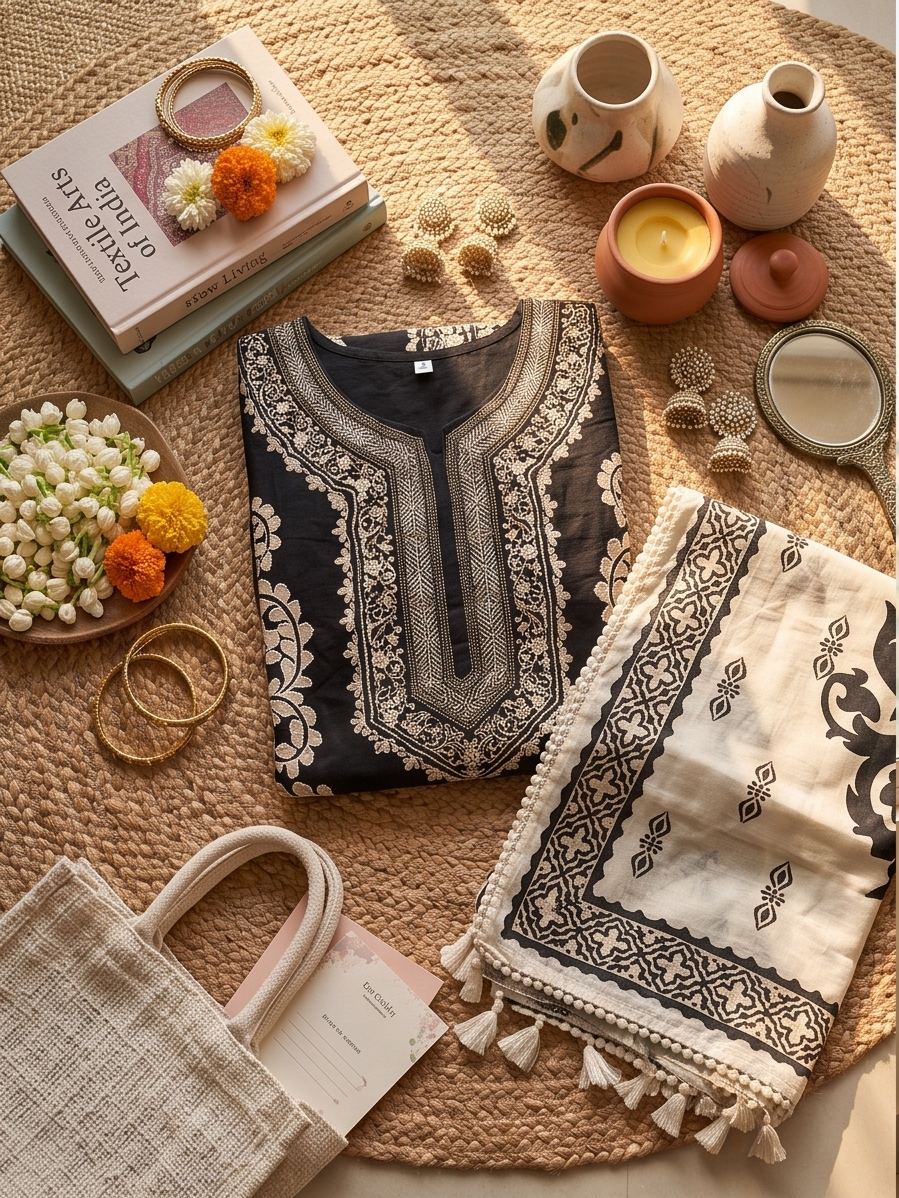 Women's Silk Blend Special NecklineKurta Pant Dupatta Set | 3-Piece Suit Set (Black & Beige) (Copy)