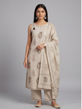Strap Shoulder Kurta with Palazzo and Dupatta, 3-Piece Set (Beige)