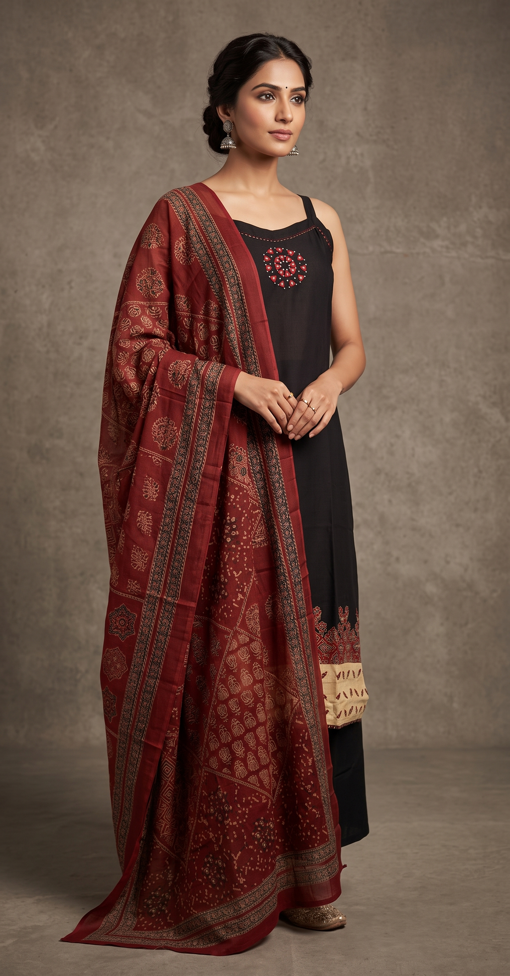 Women's Strap Shoulder Kurta with Palazzo and Dupatta, 3 Piece Set (Black)