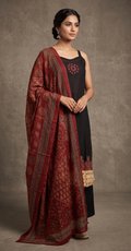 Women's Strap Shoulder Kurta with Palazzo and Dupatta, 3 Piece Set (Black)