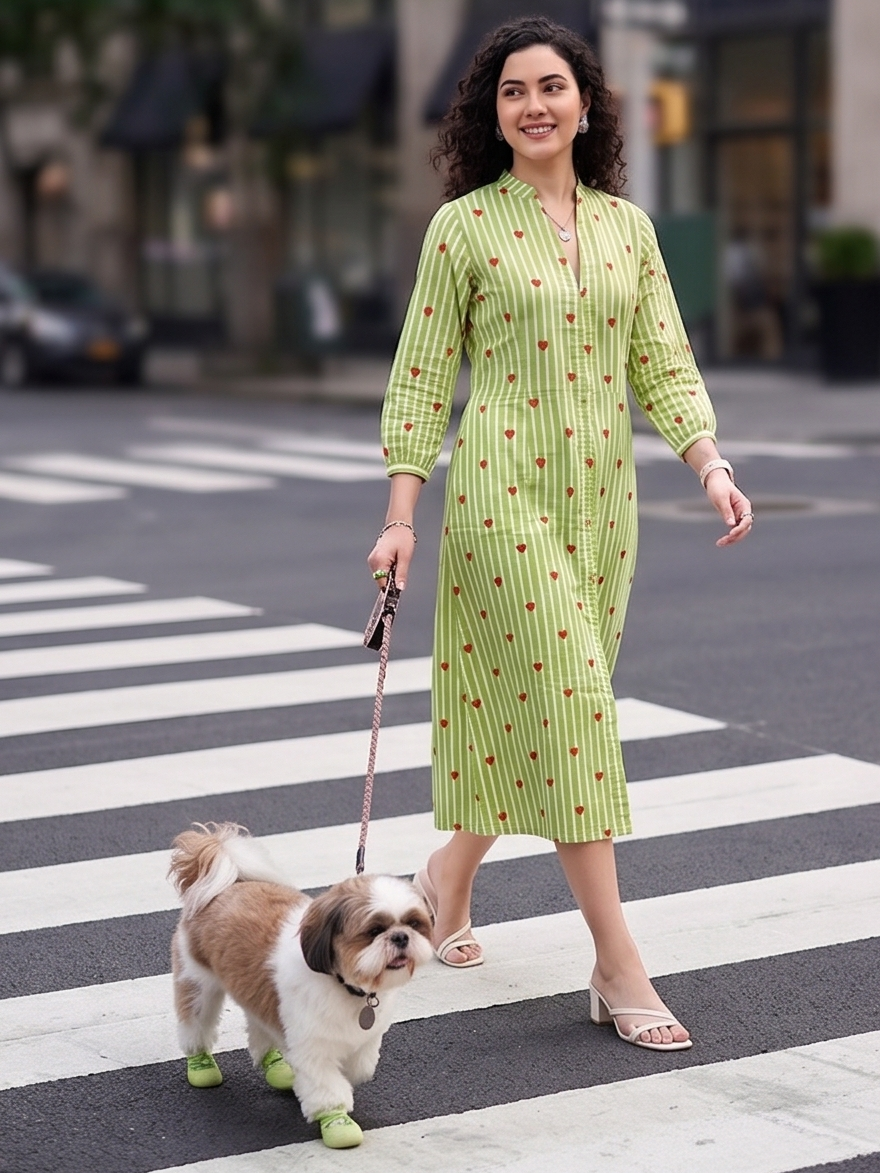 Women's Sage Green Striped Cotton A-Line Midi Dress with Heart Print | 3/4 Sleeve Casual Dress