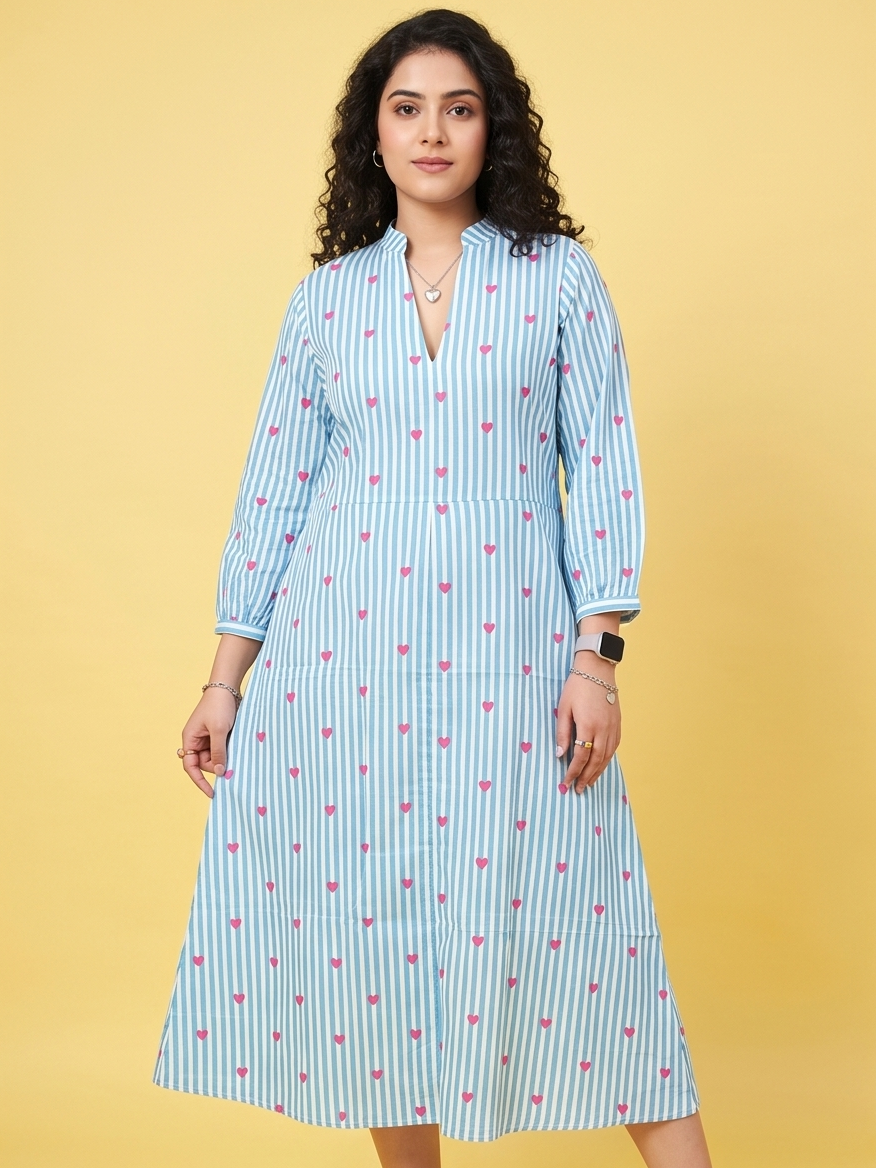 Women's Sky Blue Striped Cotton A-Line Midi Dress with Heart Print | 3/4 Sleeve Casual Dress