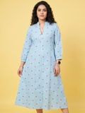 Women's Sky Blue Striped Cotton A-Line Midi Dress with Heart Print | 3/4 Sleeve Casual Dress