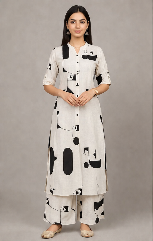 Women Abstract Print Kurta with Pockets and Palazzo , 2 Piece Set (Beige and Black)