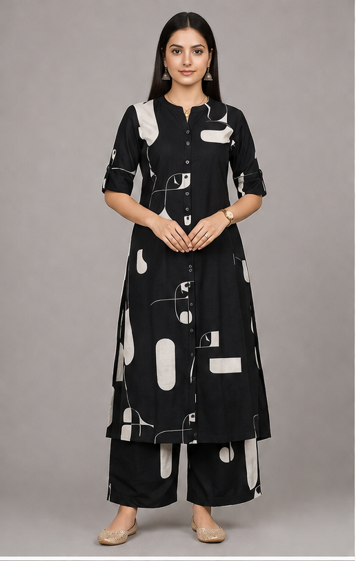 Women Abstract Print Kurta with Pockets and Palazzo , 2 Piece Set (Black and Silver)