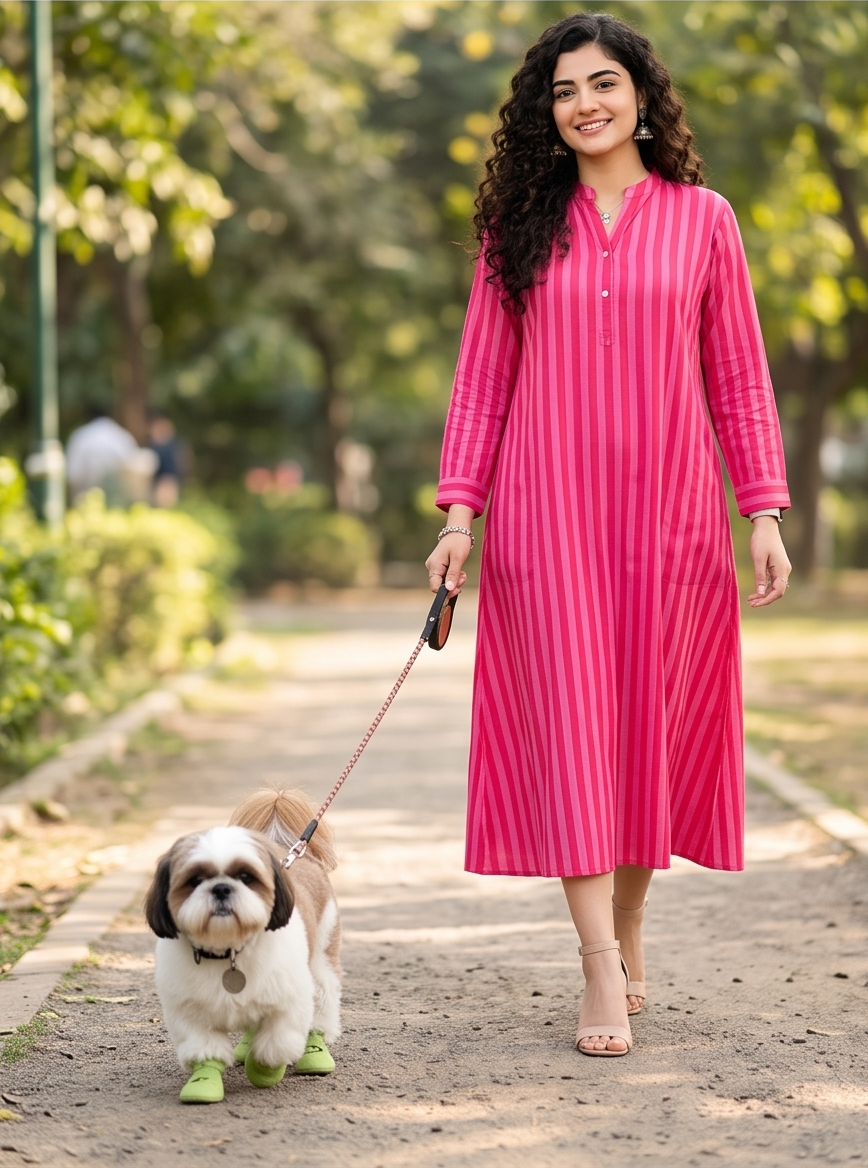 Pink striped cotton A-line Midi Dress featuring front pockets, 3/4 sleeves, and a comfortable fit—perfect for office, travel, and everyday wear