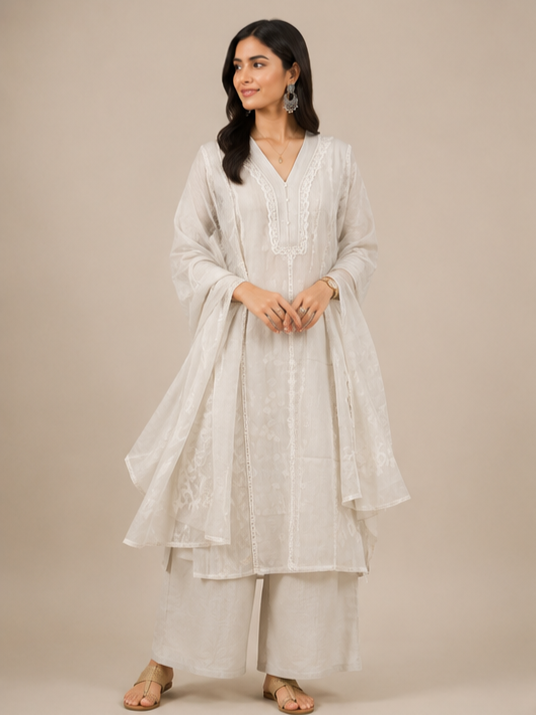 The Classic Ivory V-Neck Kurta and Palazzo Set