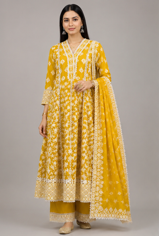 Mustard  Yellow Threadwork Anarkali Suit Set with Dupatta | Embroidered Mul Cotton Ethnic Wear (Copy)
