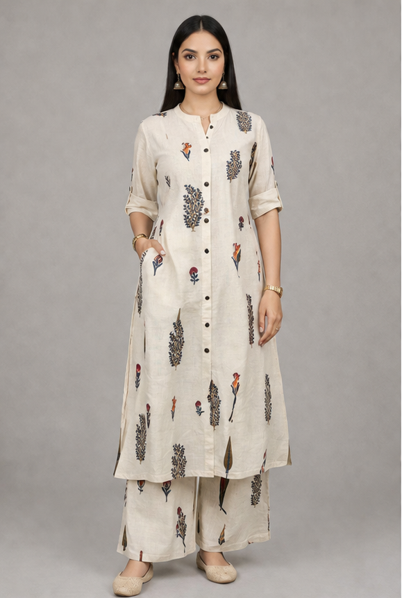 Women Floral Print Kurta with Pockets and Palazzo , 2 Piece Set (Beige and Orange)