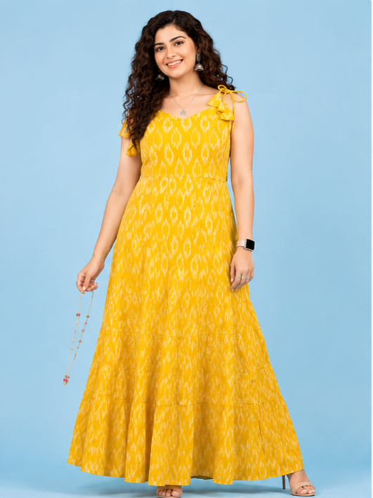 Women's Mustard Yellow Ikat Print Cotton Maxi Dress | Sleeveless Tiered Dress