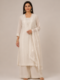 Ivory Floral Embroidered Cotton Kurta Set with Lace Dupatta & Palazzo