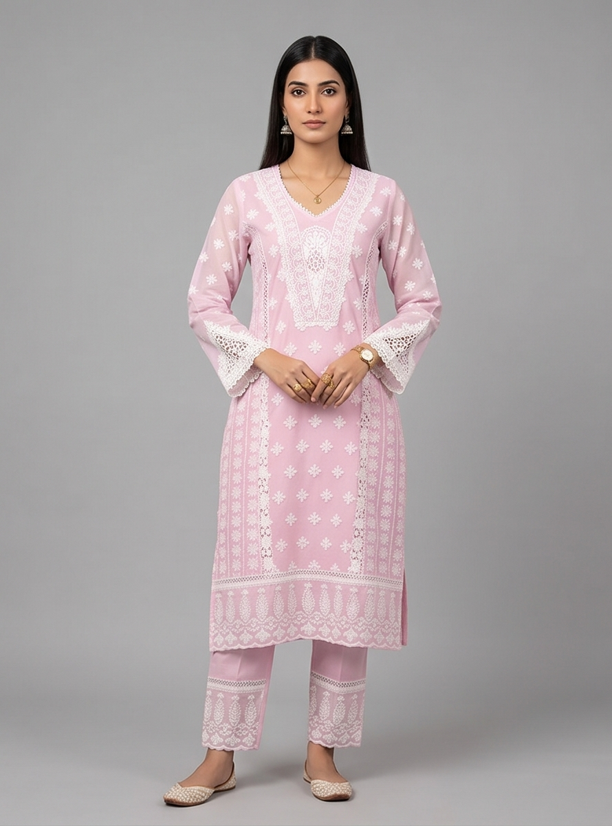 Women's Threadwork Kurta and Trouser Set (Pastel Pink)