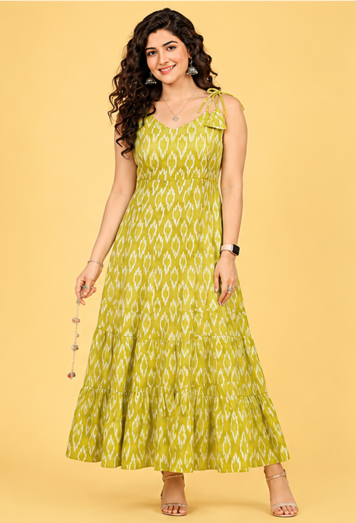 Women's Lime Green Ikat Print Cotton Maxi Dress | Sleeveless Tiered Dress