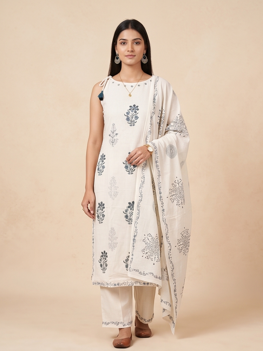 Strap Shoulder Kurta with Palazzo and Dupatta, 3-Piece Set (Off White)