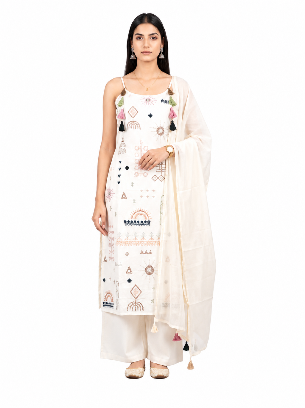Women's Off-White Printed Straight Kurta Pant Set with Tassel Dupatta | Contemporary Ethnic Co-ord Set