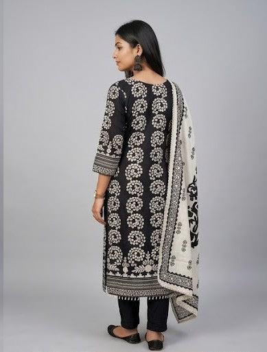 Women's Silk Blend Special NecklineKurta Pant Dupatta Set | 3-Piece Suit Set (Black & Beige) (Copy)