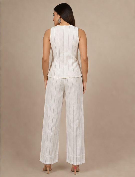 Striped Waist Coat Trouser Off White Set