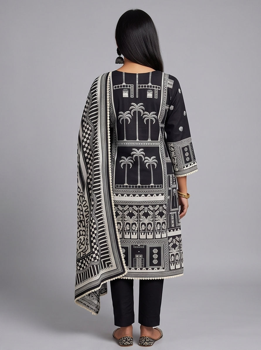 Women's Silk Blend Special Pearl-Work Kurta Pant Dupatta Set | 3-Piece Suit Set (Black & White) (Copy) (Copy)