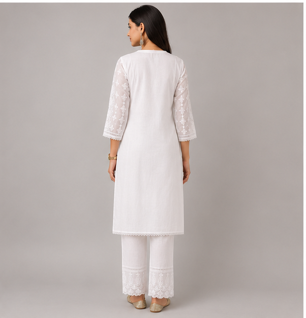 Women's Threadwork Kurta and Trouser Set (White)