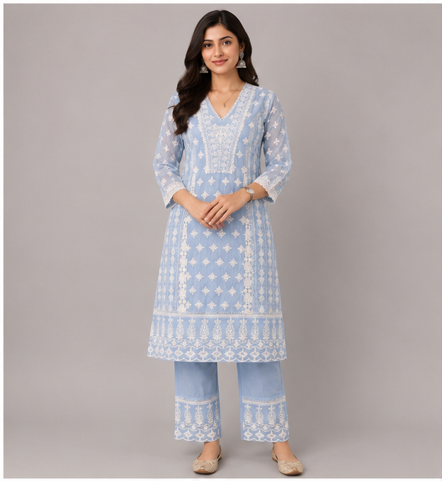 Women's Threadwork Kurta and Trouser Set (Pastel Blue)