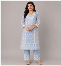 Women's Threadwork Kurta and Trouser Set (Pastel Blue)