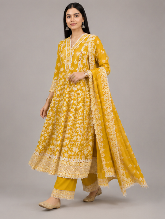 Mustard  Yellow Threadwork Anarkali Suit Set with Dupatta | Embroidered Mul Cotton Ethnic Wear (Copy)