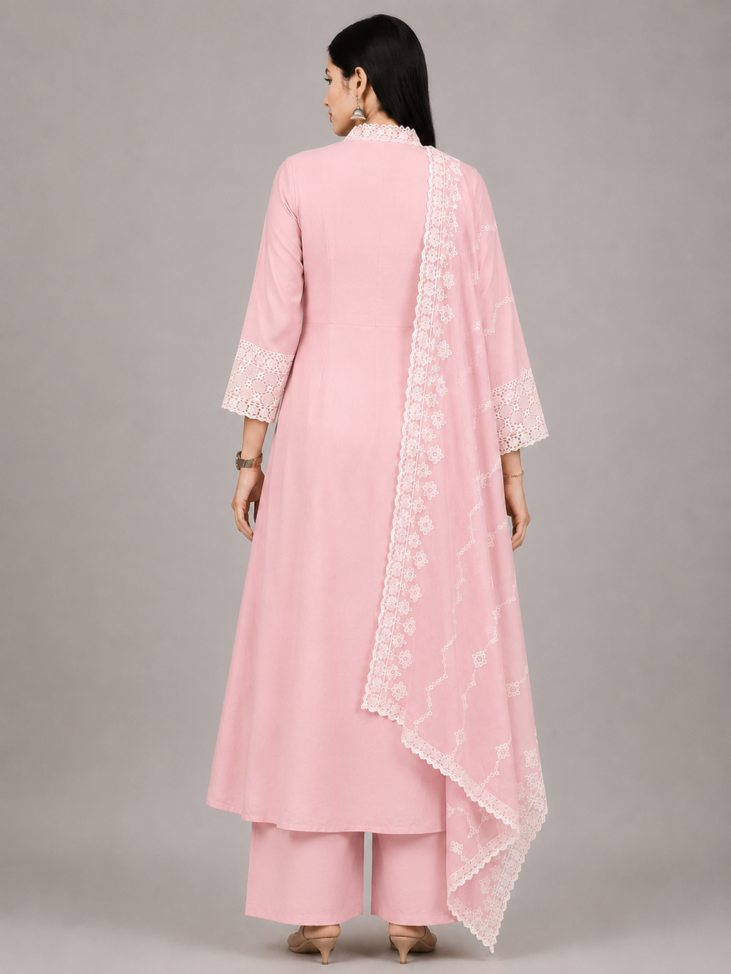 Blush Pink Threadwork Anarkali Suit Set with Dupatta | Embroidered Mul Cotton Ethnic Wear