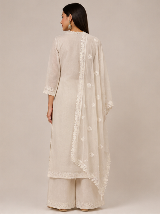 Ivory Floral Embroidered Cotton Kurta Set with Lace Dupatta & Palazzo