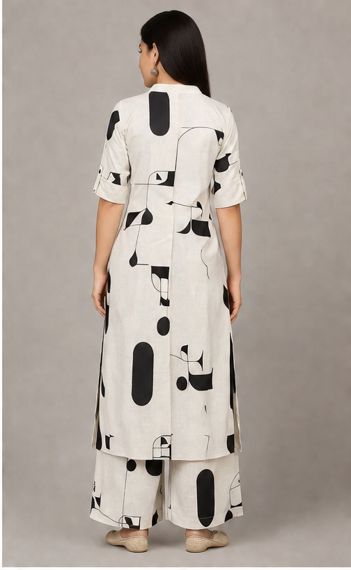 Women Abstract Print Kurta with Pockets and Palazzo , 2 Piece Set (Beige and Black)