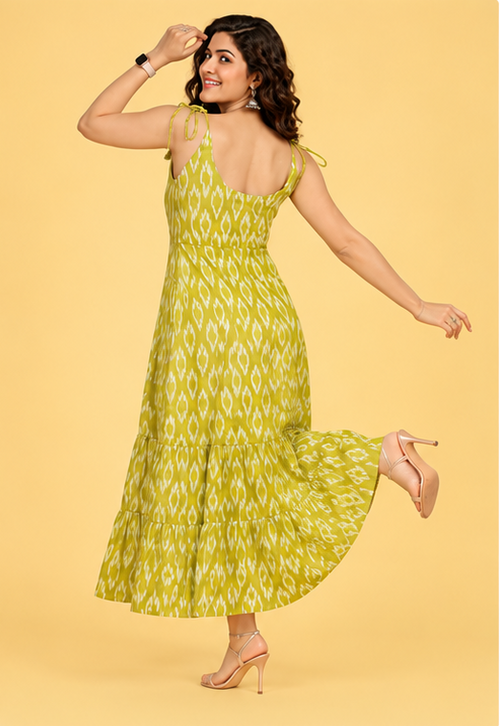 Women's Lime Green Ikat Print Cotton Maxi Dress | Sleeveless Tiered Dress
