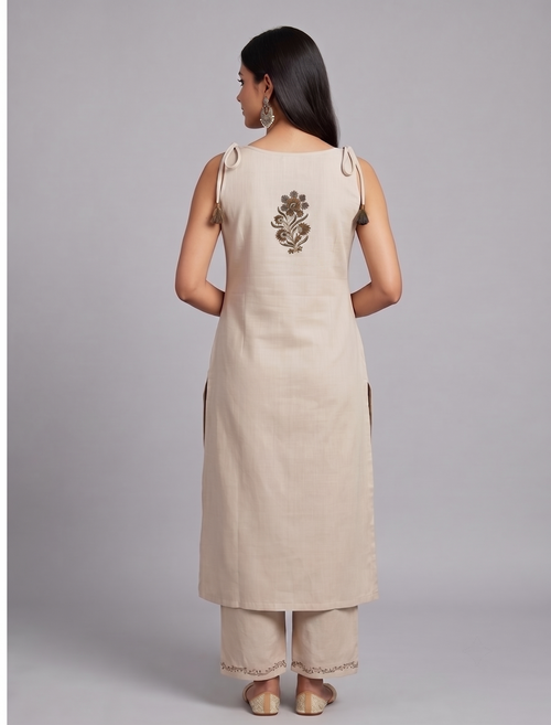 Strap Shoulder Kurta with Palazzo and Dupatta, 3-Piece Set (Beige)