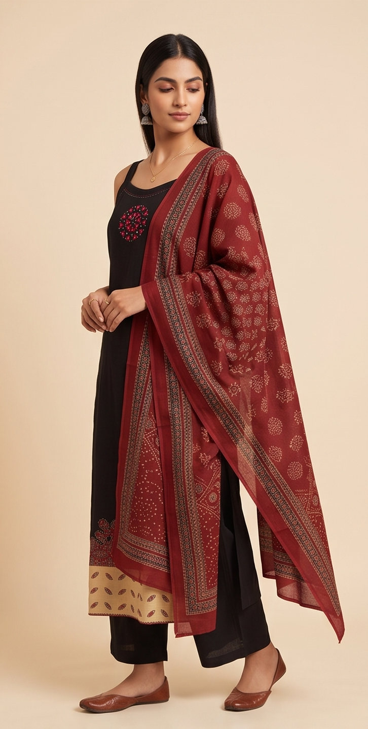 Women's Strap Shoulder Kurta with Palazzo and Dupatta, 3 Piece Set (Black)