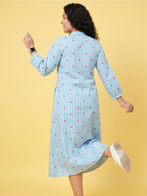 Women's Sky Blue Striped Cotton A-Line Midi Dress with Heart Print | 3/4 Sleeve Casual Dress