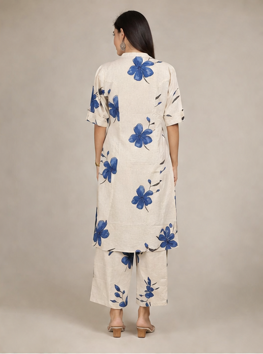 Women Floral Print Kurta with Pockets and Palazzo , 2 Piece Set (Beige and Blue)