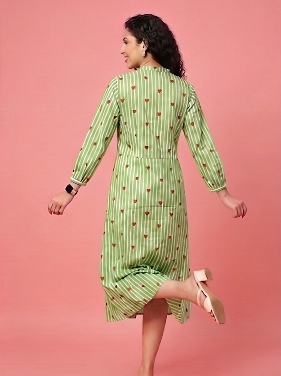 Women's Sage Green Striped Cotton A-Line Midi Dress with Heart Print | 3/4 Sleeve Casual Dress