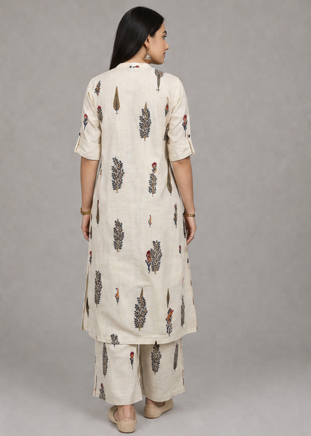 Women Floral Print Kurta with Pockets and Palazzo , 2 Piece Set (Beige and Orange)