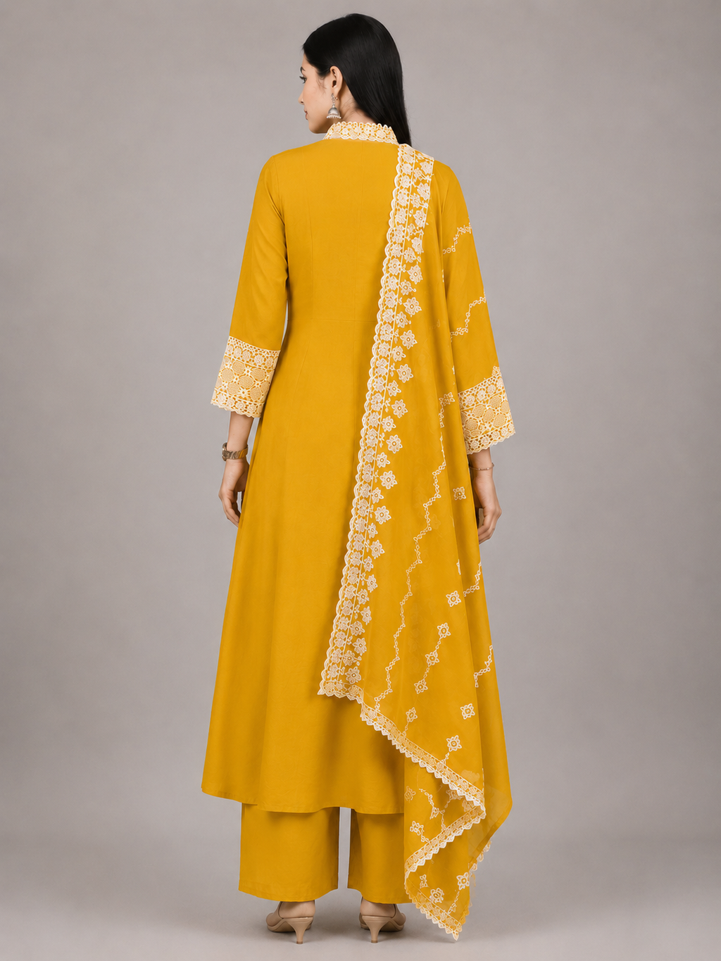 Mustard  Yellow Threadwork Anarkali Suit Set with Dupatta | Embroidered Mul Cotton Ethnic Wear (Copy)