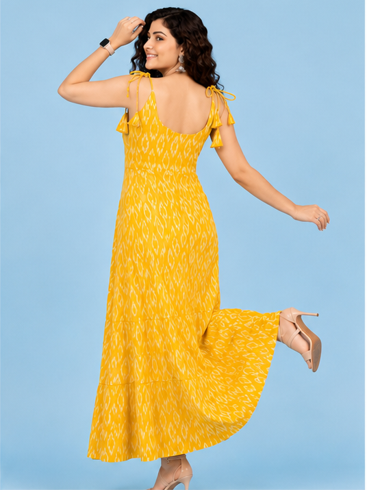 Women's Mustard Yellow Ikat Print Cotton Maxi Dress | Sleeveless Tiered Dress