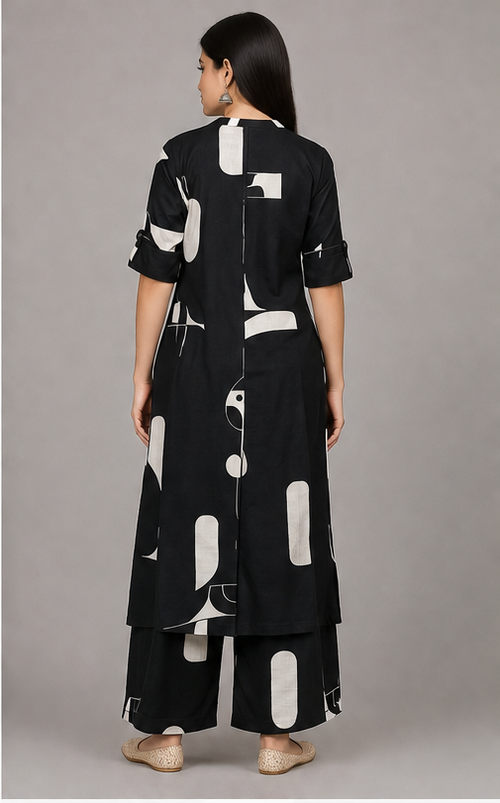 Women Abstract Print Kurta with Pockets and Palazzo , 2 Piece Set (Black and Silver)
