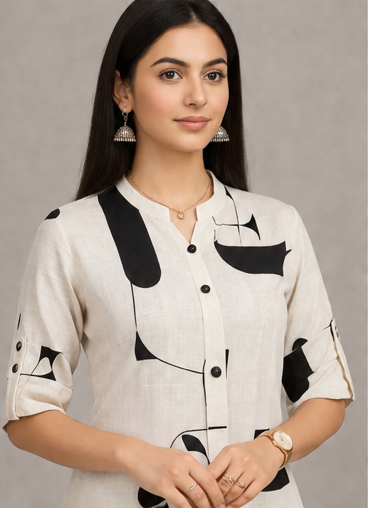 Women Abstract Print Kurta with Pockets and Palazzo , 2 Piece Set (Beige and Black)