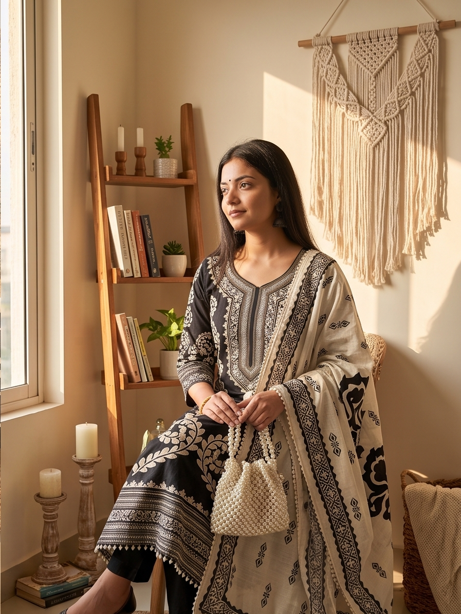 Women's Silk Blend Special NecklineKurta Pant Dupatta Set | 3-Piece Suit Set (Black & Beige) (Copy)