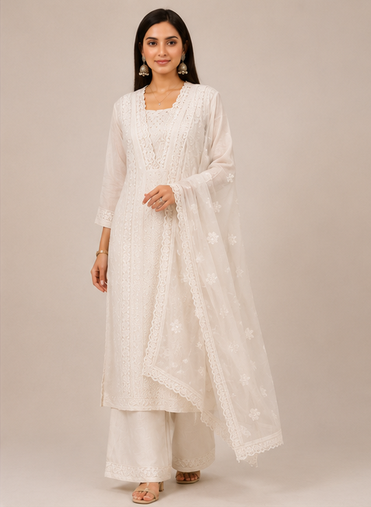 Ivory Floral Embroidered Cotton Kurta Set with Lace Dupatta & Palazzo