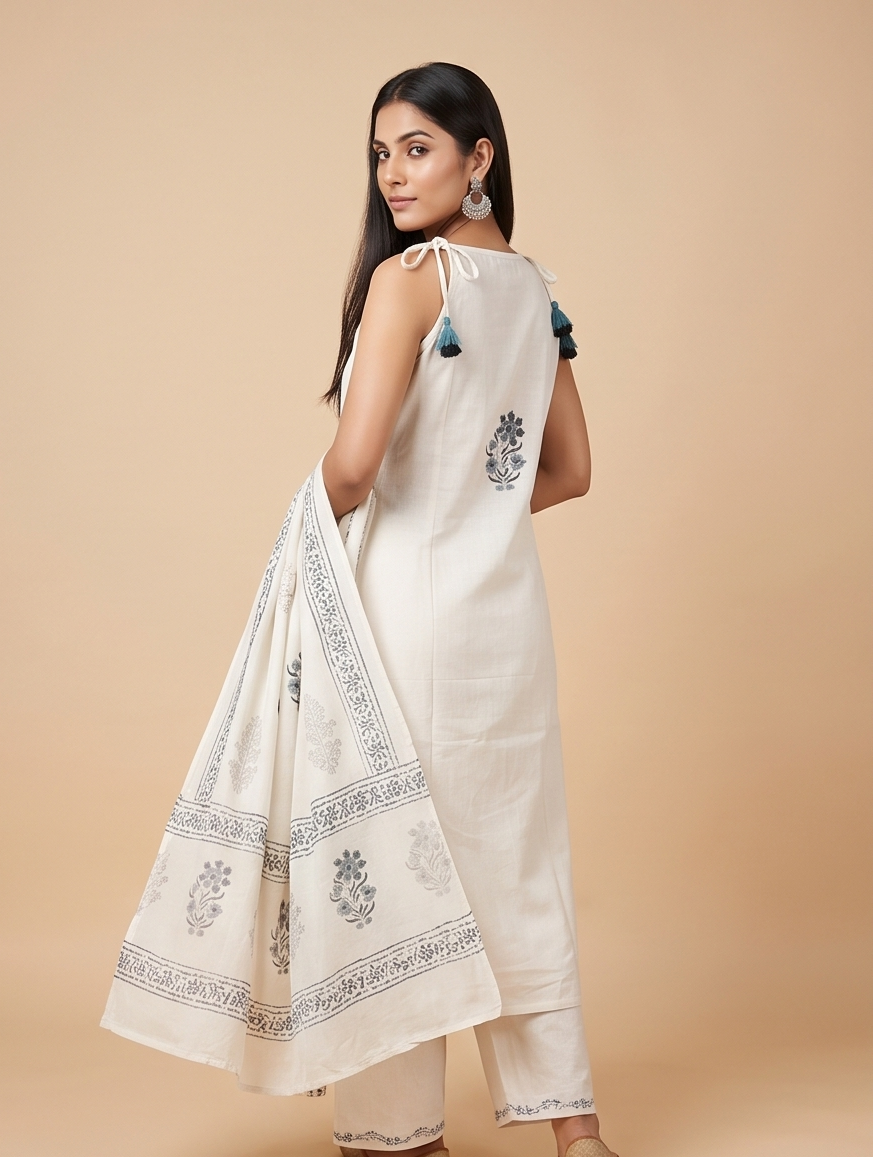 Strap Shoulder Kurta with Palazzo and Dupatta, 3-Piece Set (Off White)
