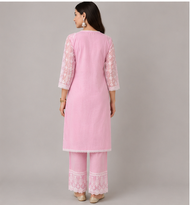 Women's Threadwork Kurta and Trouser Set (Pastel Pink)