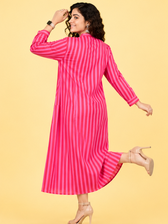 Pink striped cotton A-line Midi Dress featuring front pockets, 3/4 sleeves, and a comfortable fit—perfect for office, travel, and everyday wear