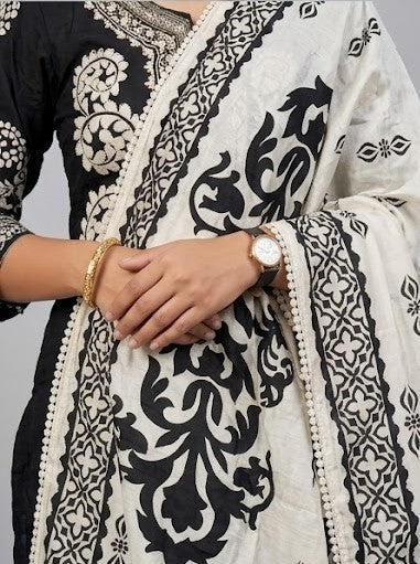 Women's Silk Blend Special NecklineKurta Pant Dupatta Set | 3-Piece Suit Set (Black & Beige) (Copy)